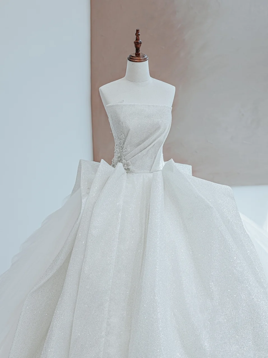 Vestido de novia atemporal, vestido de fiesta sin tirantes, blanco con lentejuelas, vestidos de novia DP1494