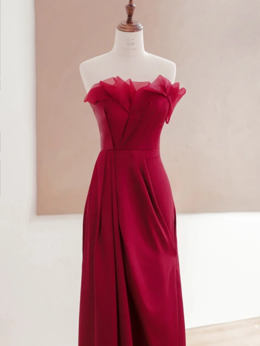 Elegante vestido burdeos de fiesta para 21 cumpleaños, corte A, sin tirantes, con glamour, atuendos de cumpleaños, ideas para vestidos de cumpleaños para mujeres DP1495