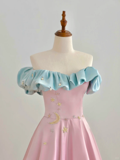 Elegante vestido de fiesta de satén rosa con hombros descubiertos y corte A, estilo glamuroso, DP1501