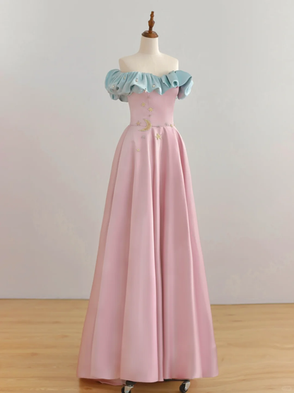 Elegante vestido de fiesta de satén rosa con hombros descubiertos y corte A, estilo glamuroso, DP1501