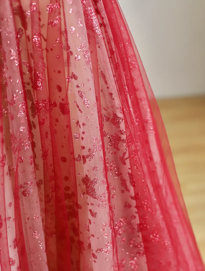 Elegant Glamour Ball Gown Sweetheart Short Sleeves Tulle Red Prom Dress Party Dress Evening Dresses DP1504