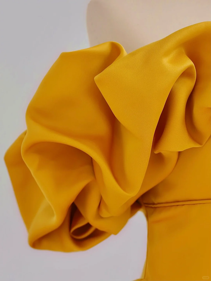 Elegant Glamour Ball Gown Off The Shoulder Short Sleeves Satin Yellow Prom Dress Party Dress Evening Dresses DP1506