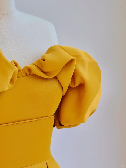 Elegant Glamour Ball Gown Off The Shoulder Short Sleeves Satin Yellow Prom Dress Party Dress Evening Dresses DP1506