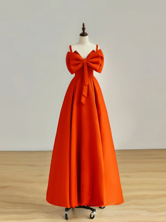 Elegante vestido de fiesta de satén naranja con tirantes finos y corte A para 21 cumpleaños. Ideas para vestidos de cumpleaños para mujeres (DP1510).