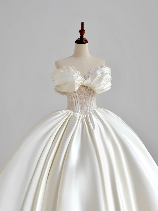 Vestidos de novia con brillo, corte evasé, hombros descubiertos, mangas cortas, satén, corsé, DP1512