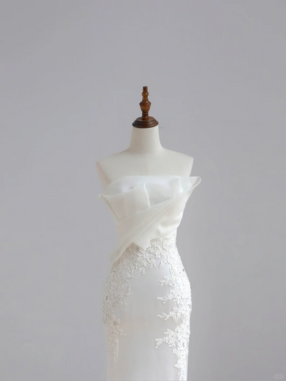 Vestido de novia sencillo de sirena sin tirantes, de satén blanco, estilo minimalista, DP1513
