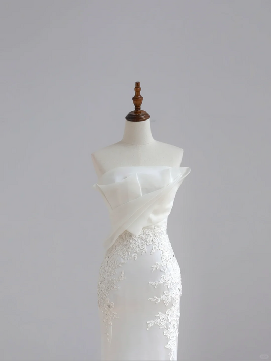 Vestido de novia sencillo de sirena sin tirantes, de satén blanco, estilo minimalista, DP1513