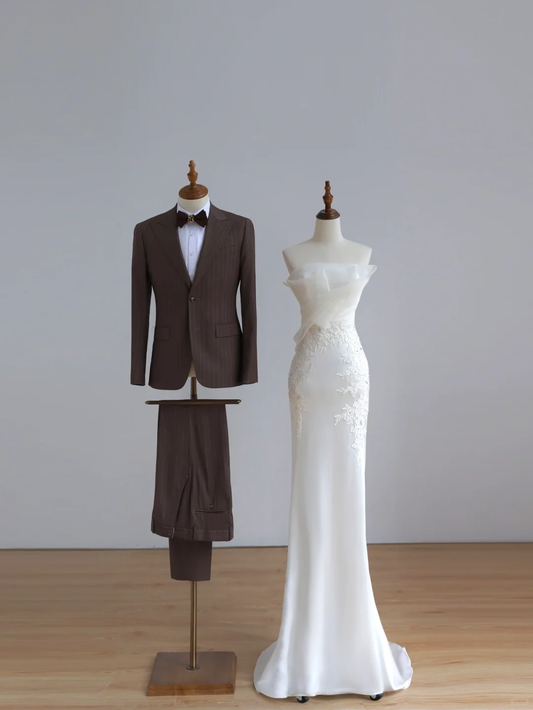 Vestido de novia sencillo de sirena sin tirantes, de satén blanco, estilo minimalista, DP1513