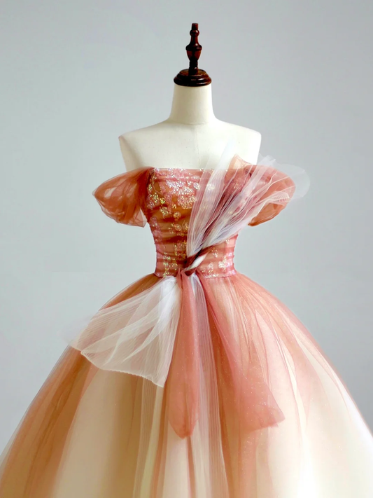 Elegante vestido de fiesta glamuroso con hombros descubiertos de tul rosa, vestido de fiesta, vestidos de noche largos DP1515