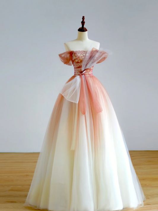 Elegante vestido de fiesta glamuroso con hombros descubiertos de tul rosa, vestido de fiesta, vestidos de noche largos DP1515