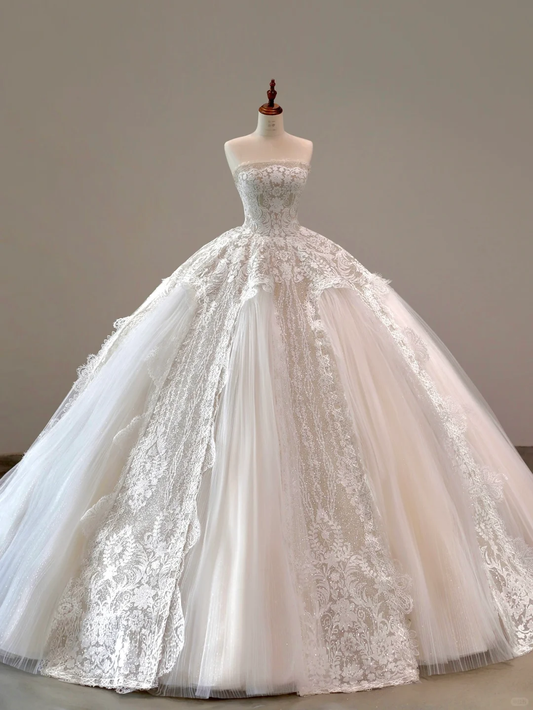 Vestido de novia etéreo, sin tirantes, de tul y encaje, blanco, con corsé, DP1516