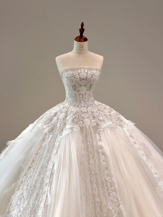 Vestido de novia etéreo, sin tirantes, de tul y encaje, blanco, con corsé, DP1516