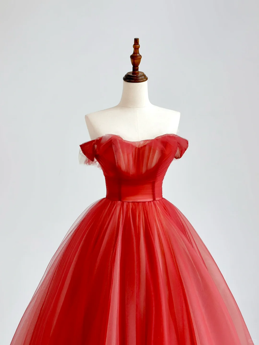 Elegante vestido de fiesta glamuroso con hombros descubiertos de tul rojo, vestido de fiesta, vestidos de noche largos DP1517