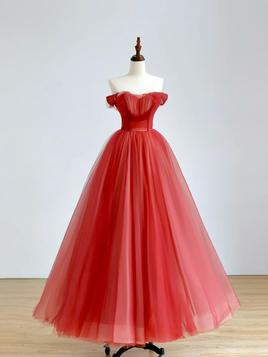 Elegante vestido de fiesta glamuroso con hombros descubiertos de tul rojo, vestido de fiesta, vestidos de noche largos DP1517