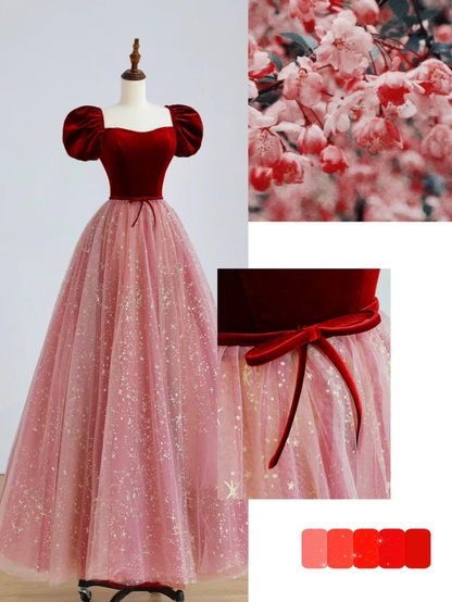 Elegante vestido de fiesta glamuroso con escote corazón y mangas cortas de tul rosa, vestido de fiesta, vestido de noche DP1518