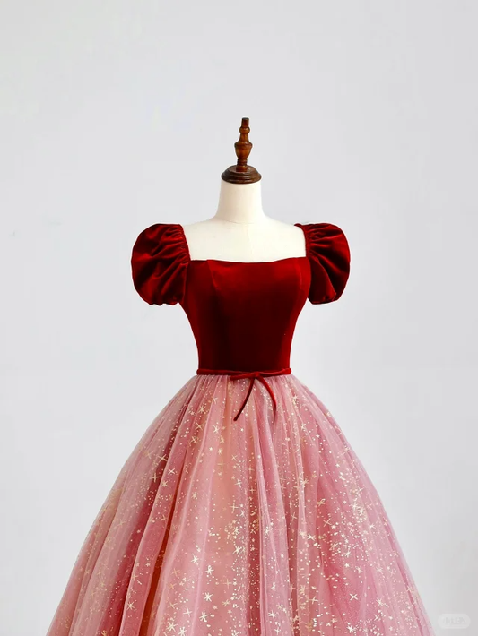 Elegante vestido de fiesta glamuroso con escote corazón y mangas cortas de tul rosa, vestido de fiesta, vestido de noche DP1518