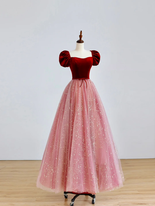Elegante vestido de fiesta glamuroso con escote corazón y mangas cortas de tul rosa, vestido de fiesta, vestido de noche DP1518