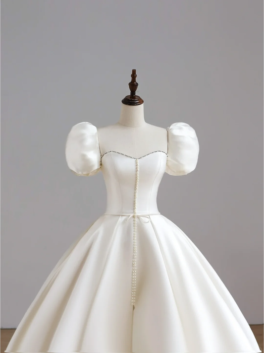 Vestido de novia sencillo, de manga corta, de satén blanco, estilo minimalista, DP1523