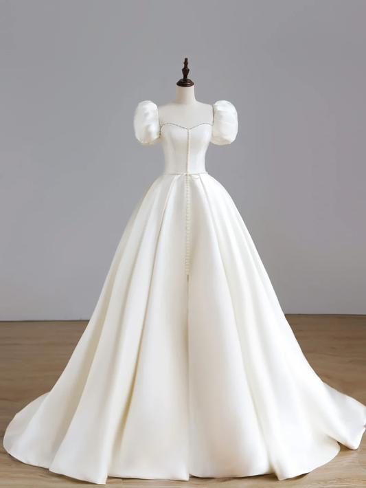 Vestido de novia sencillo, de manga corta, de satén blanco, estilo minimalista, DP1523