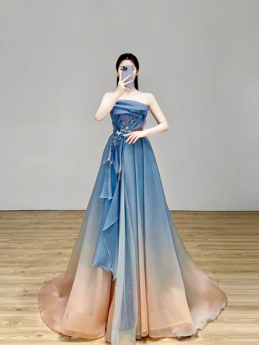 Elegante vestido de fiesta azul sin tirantes, vestido de fiesta, vestido de noche DP1525