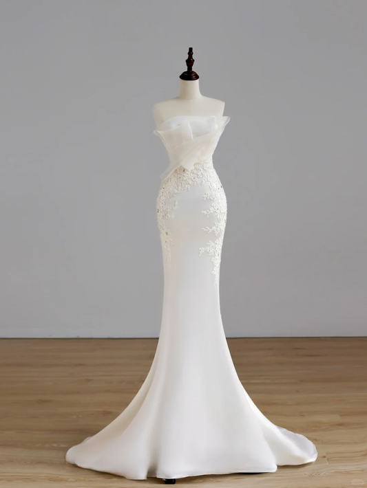 Vestido de novia sencillo de sirena sin tirantes, de satén blanco, estilo minimalista, DP1527