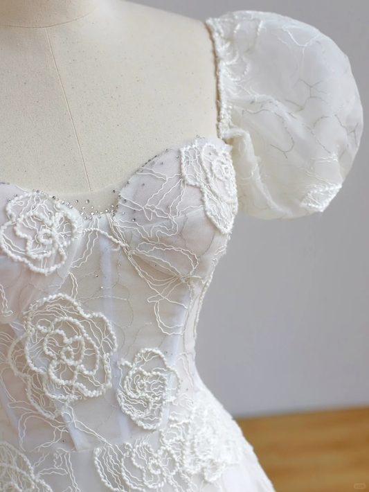 Vestido de novia sencillo, de manga corta, con encaje, blanco, minimalista, DP1532