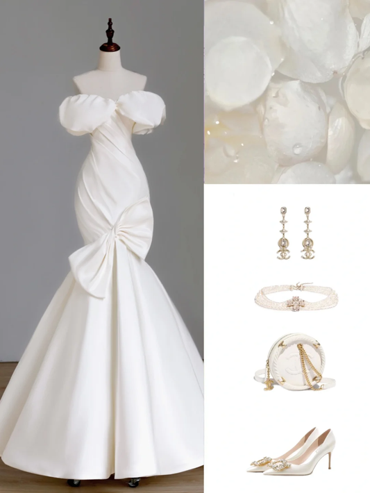 Vestido de novia sencillo de corte sirena con hombros descubiertos, de satén blanco, estilo minimalista, DP1533