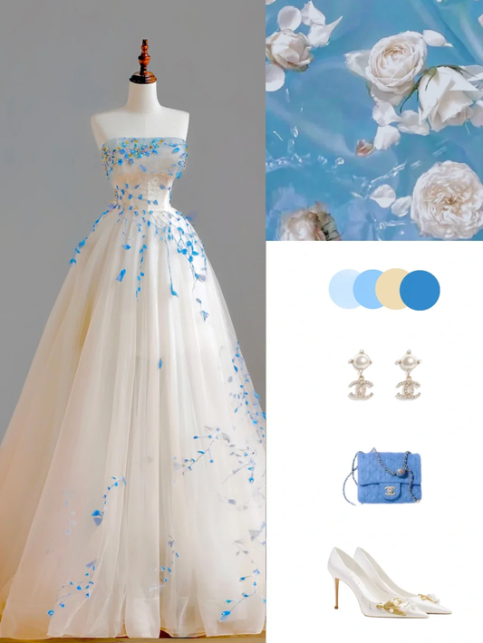 Elegant Glamour Ball Gown Strapless Blue Beads 21st Birthday Dresses Evening Gown Birthday Outfits Evening Dress For Women DP1534