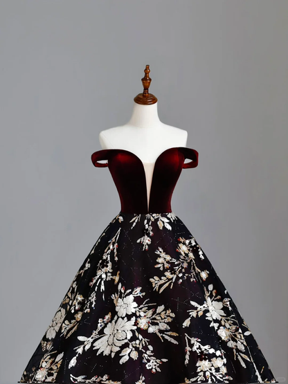 Elegante vestido de fiesta glamuroso con hombros descubiertos en satén burdeos, vestido de fiesta, vestido de noche largo DP1535