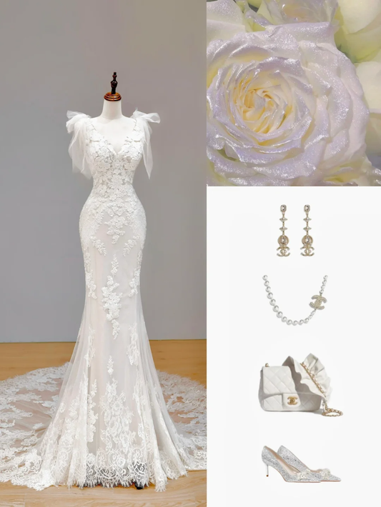 Vestido de novia etéreo con tirantes de sirena, encaje blanco, corsé, DP1536