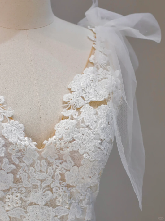 Vestido de novia etéreo con tirantes de sirena, encaje blanco, corsé, DP1536