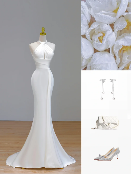 Vestido de novia etéreo con escote halter, corte sirena, satén blanco, corsé, DP1540