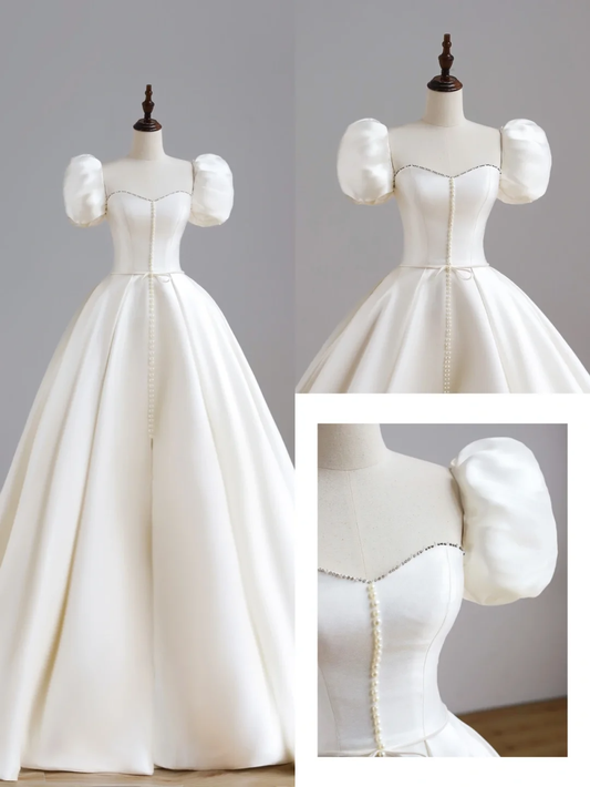 Vestido de novia sencillo, de manga corta, de satén blanco, estilo minimalista, DP1548