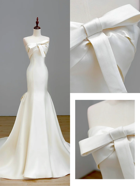 Vestido de novia etéreo de sirena sin tirantes, de satén blanco, DP1553