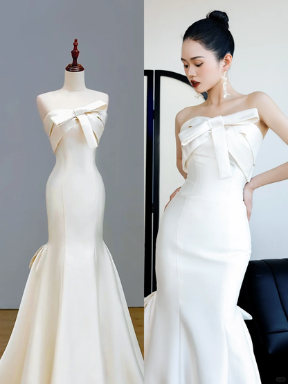 Ethereal Wedding Dress Mermaid Strapless Satin White Wedding Dresses Bridal Gowns DP1553