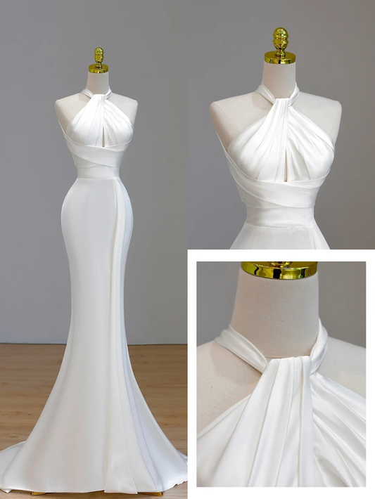 Vestido de novia sencillo de corte sirena, estilo halter, de satén, sin mangas, blanco, estilo minimalista, DP1554