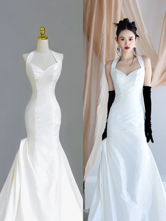 Vestido de novia sencillo de corte sirena, estilo halter, de satén, sin mangas, blanco, estilo minimalista, DP1558