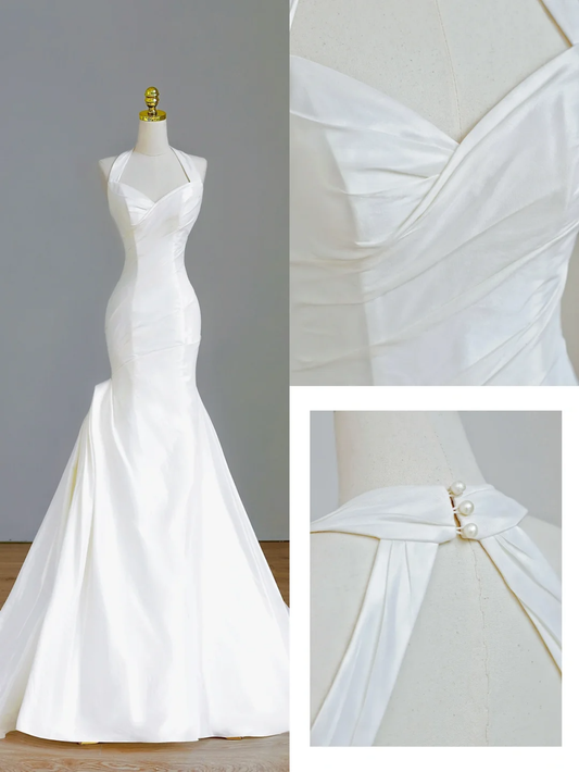 Vestido de novia sencillo de corte sirena, estilo halter, de satén, sin mangas, blanco, estilo minimalista, DP1558
