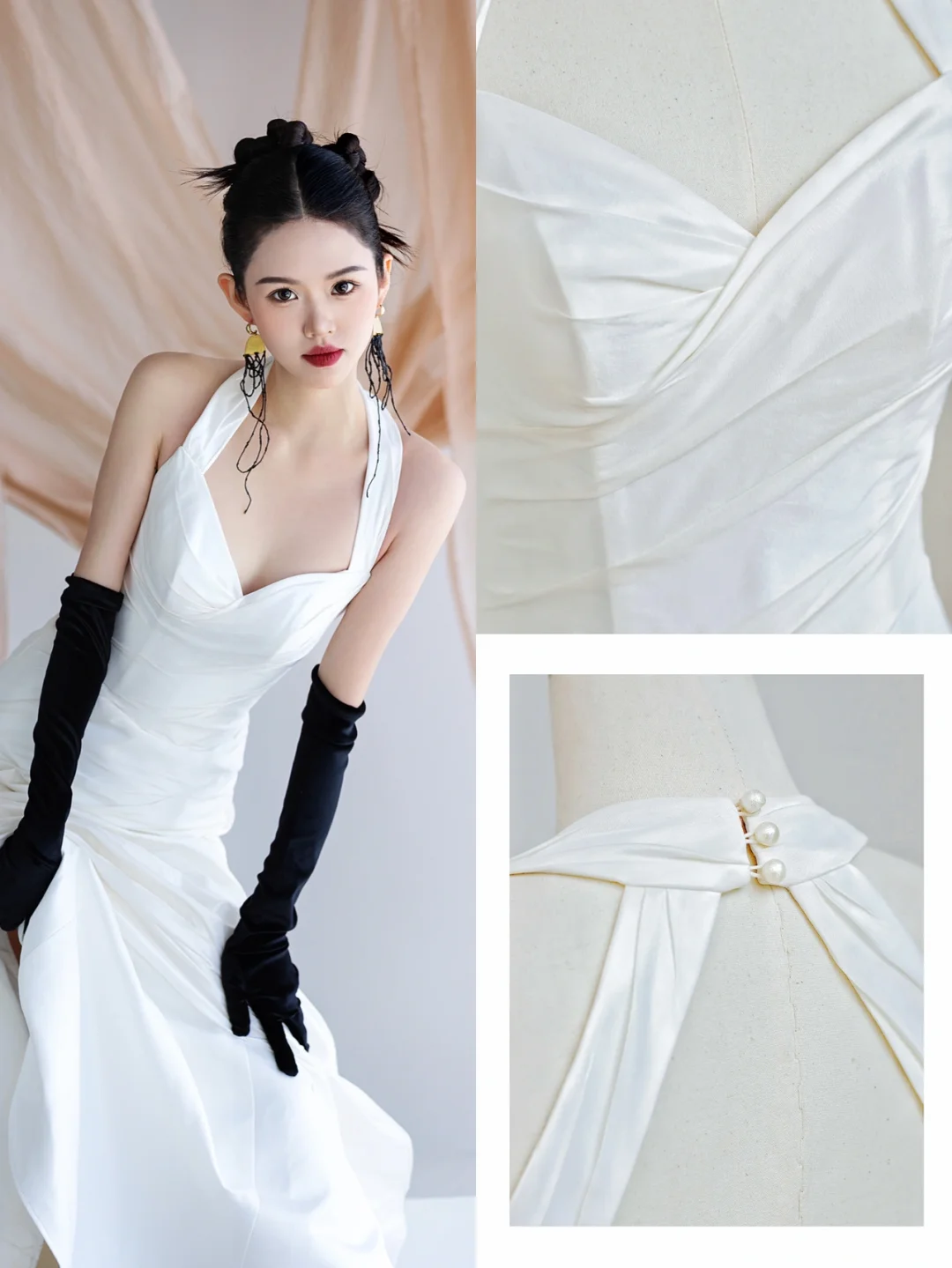 Vestido de novia sencillo de corte sirena, estilo halter, de satén, sin mangas, blanco, estilo minimalista, DP1558