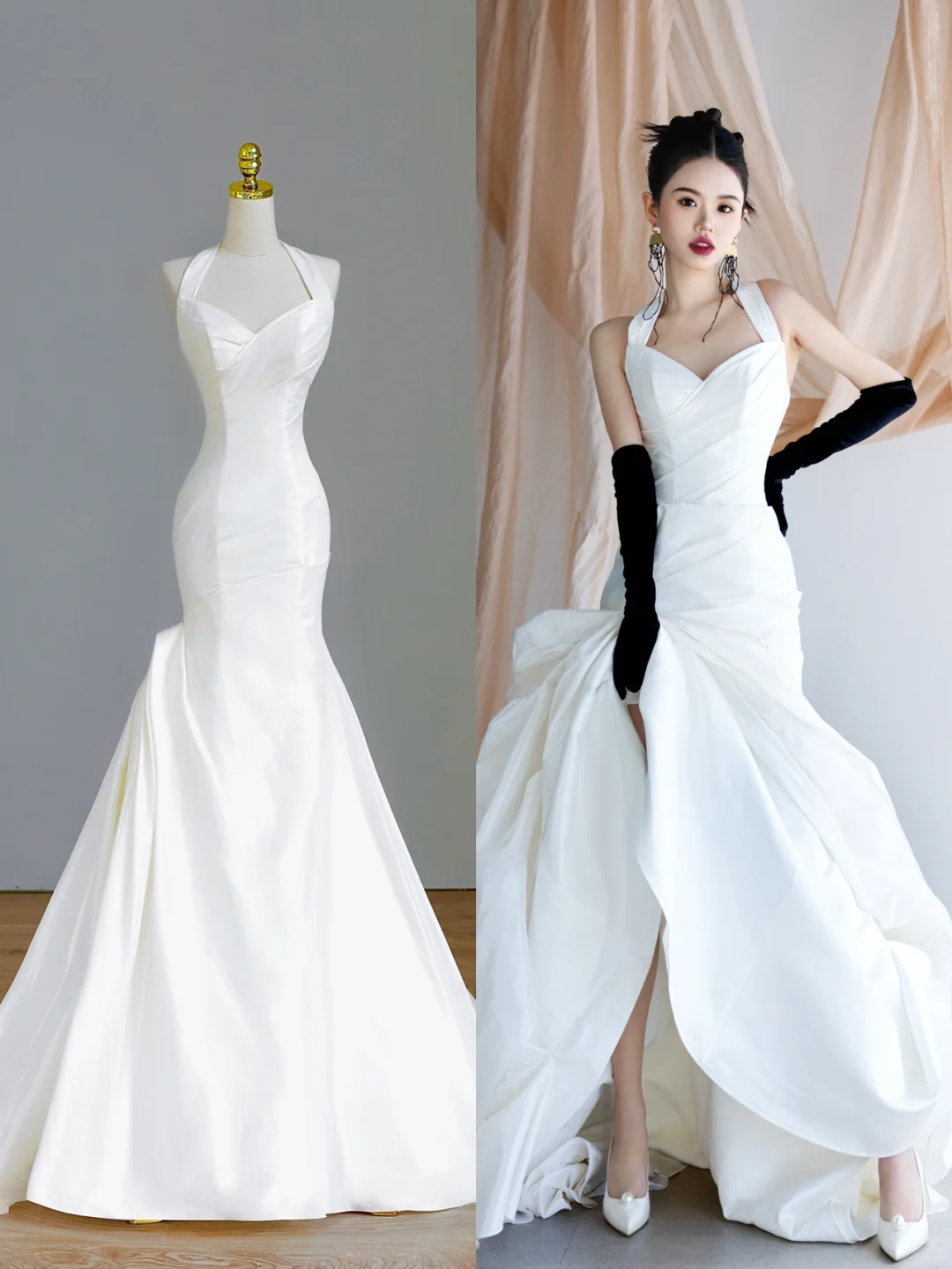 Vestido de novia sencillo de corte sirena, estilo halter, de satén, sin mangas, blanco, estilo minimalista, DP1558