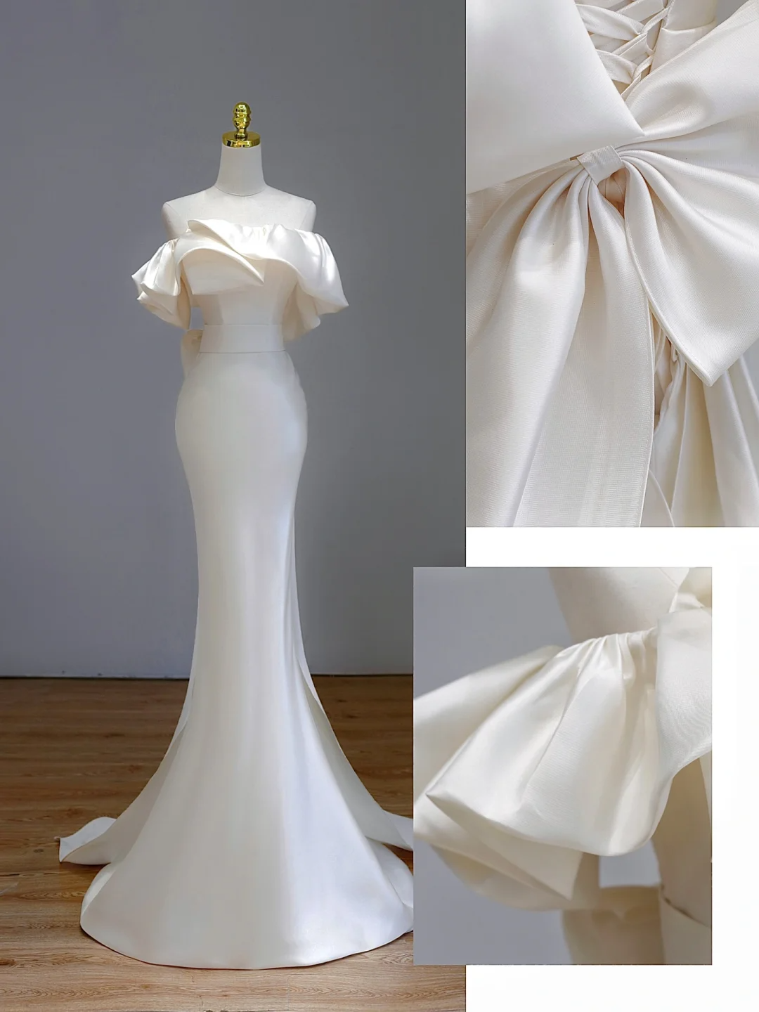Vestido de novia etéreo de sirena con hombros descubiertos, satén blanco, DP1559