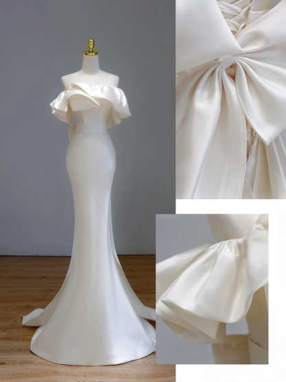 Vestido de novia etéreo de sirena con hombros descubiertos, satén blanco, DP1559