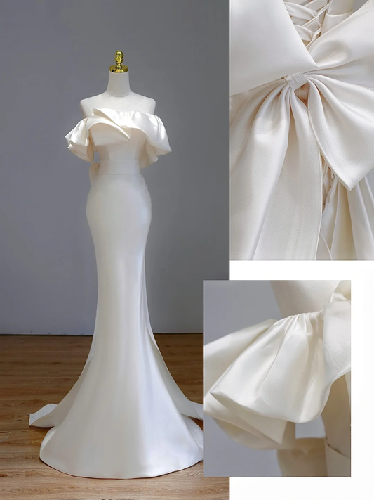 Vestido de novia etéreo de sirena con hombros descubiertos, satén blanco, DP1559