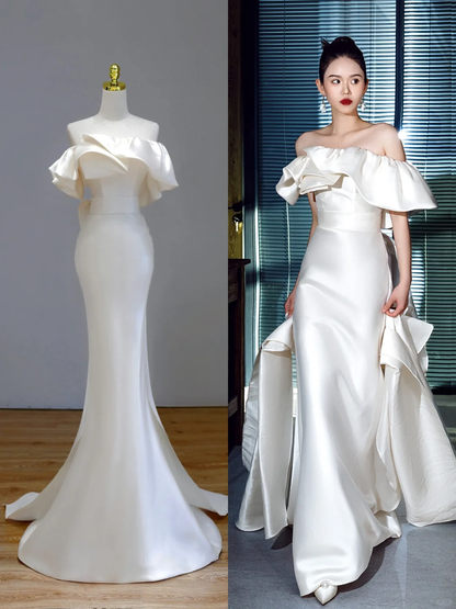 Vestido de novia etéreo de sirena con hombros descubiertos, satén blanco, DP1559