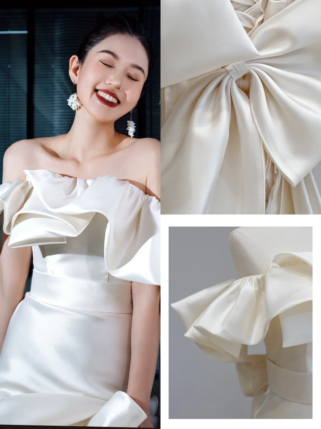 Vestido de novia etéreo de sirena con hombros descubiertos, satén blanco, DP1559