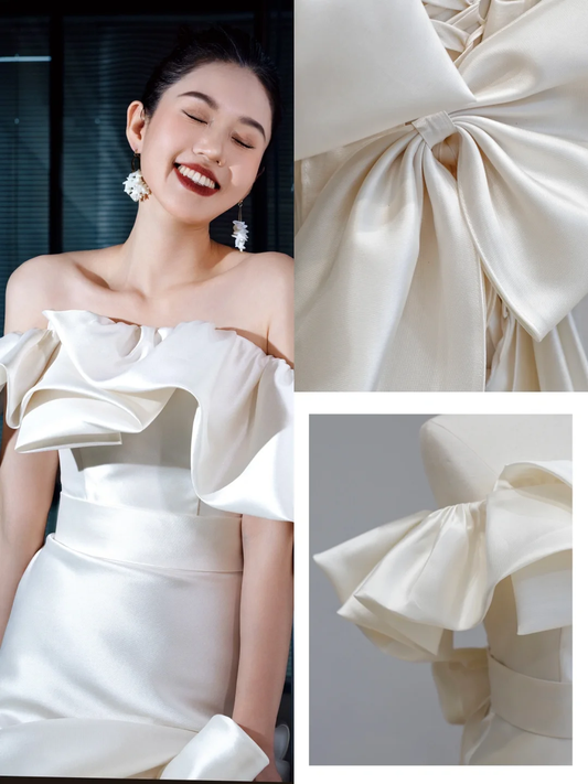 Vestido de novia etéreo de sirena con hombros descubiertos, satén blanco, DP1559