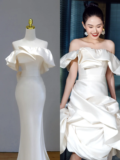Vestido de novia etéreo de sirena con hombros descubiertos, satén blanco, DP1559