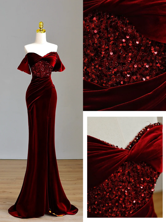 Elegante vestido de fiesta largo de terciopelo burdeos con hombros descubiertos y corte sirena, estilo glamuroso, DP1560