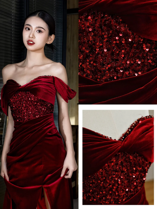 Elegante vestido de fiesta largo de terciopelo burdeos con hombros descubiertos y corte sirena, estilo glamuroso, DP1560