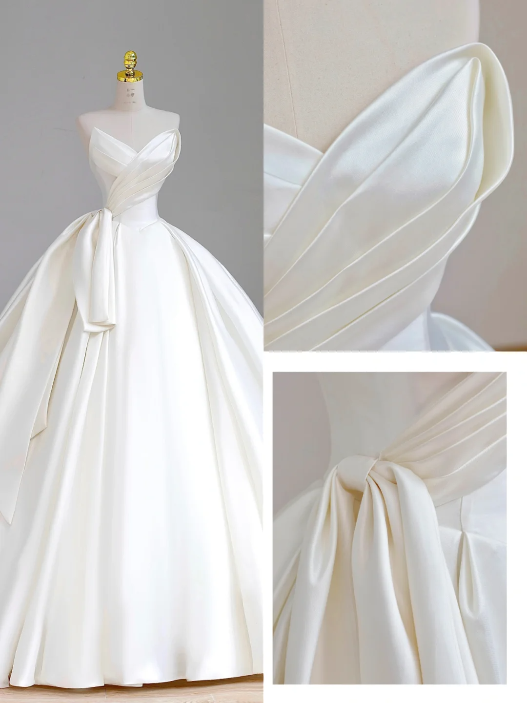 Hermoso vestido de novia de satén color marfil con escote corazón DP1563